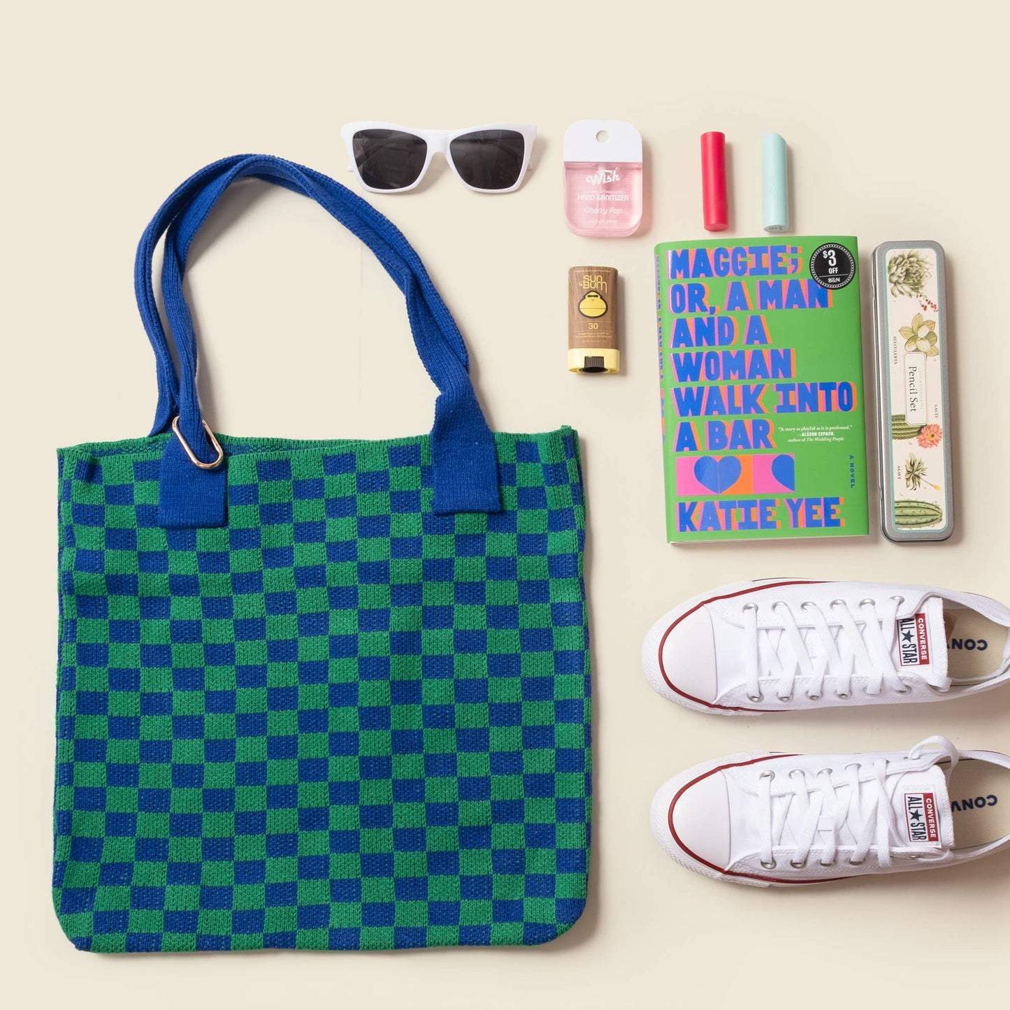 Blue and Green Checkered Tote Bag