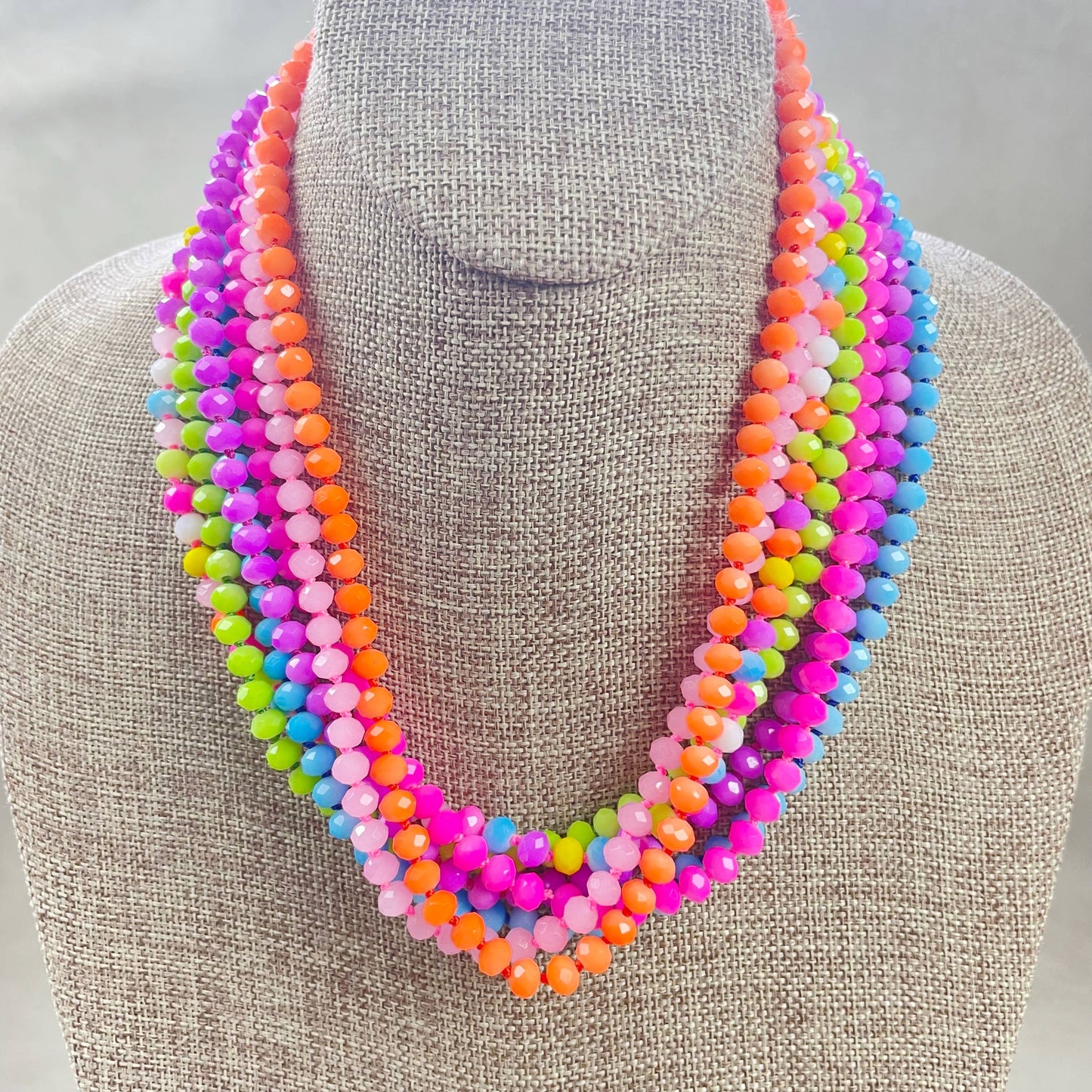 Pink Neon Crystal Beaded Handknotted Necklace