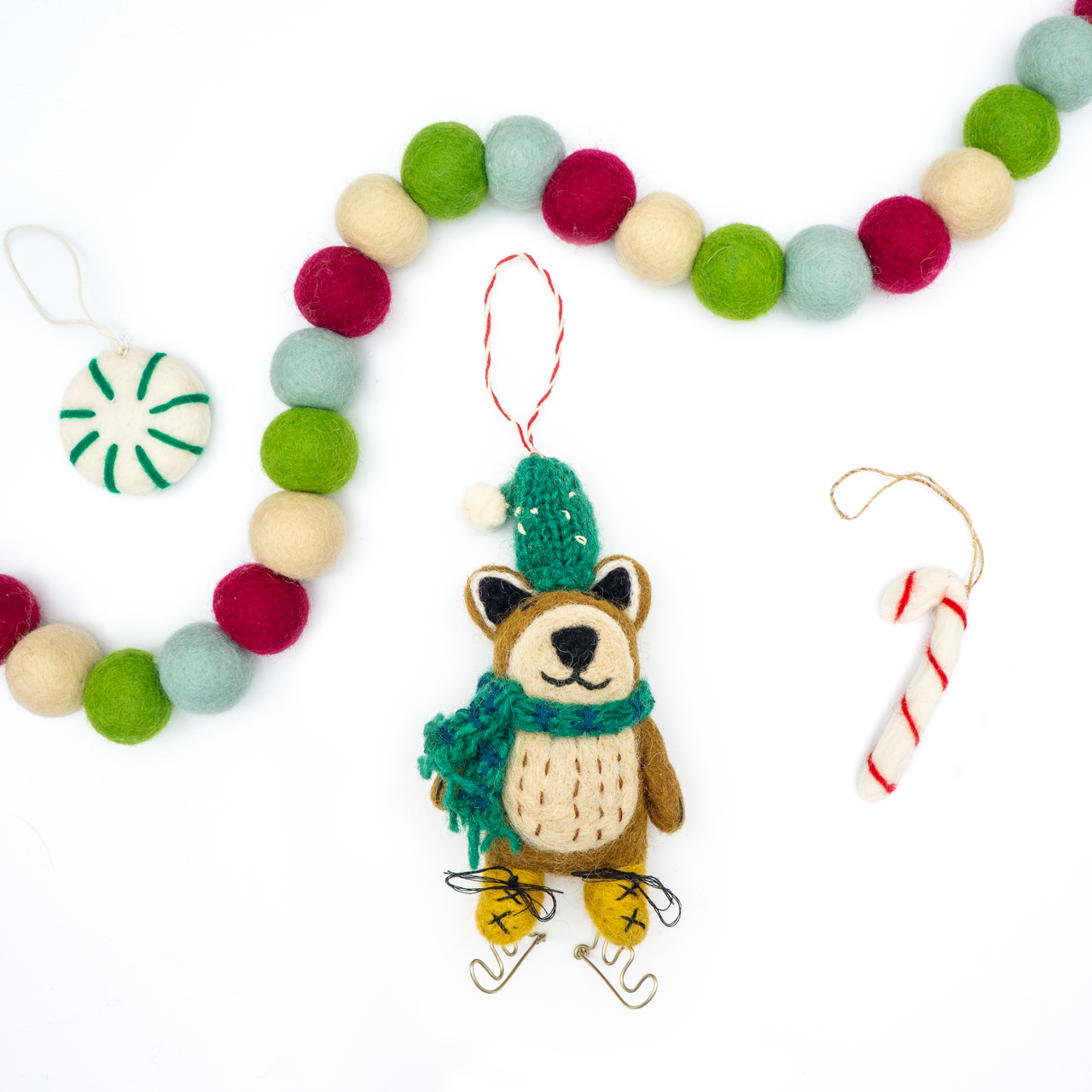 Brown Bear on Skates Holiday Eco Wool Ornament