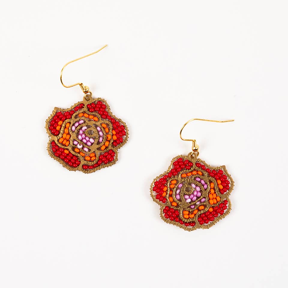 Beaded Rose Drop Earrings