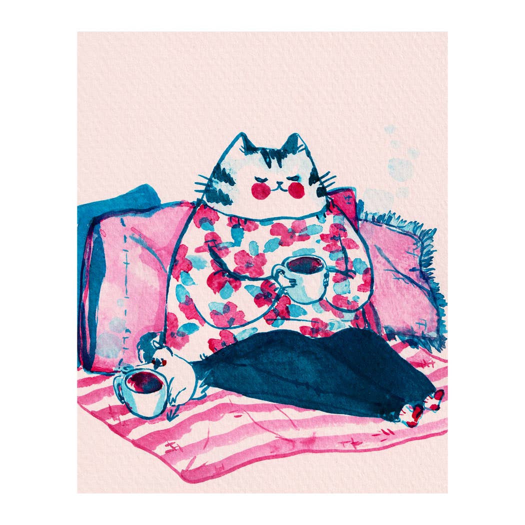 Coffee with Nice Cat Illustrated Art Print