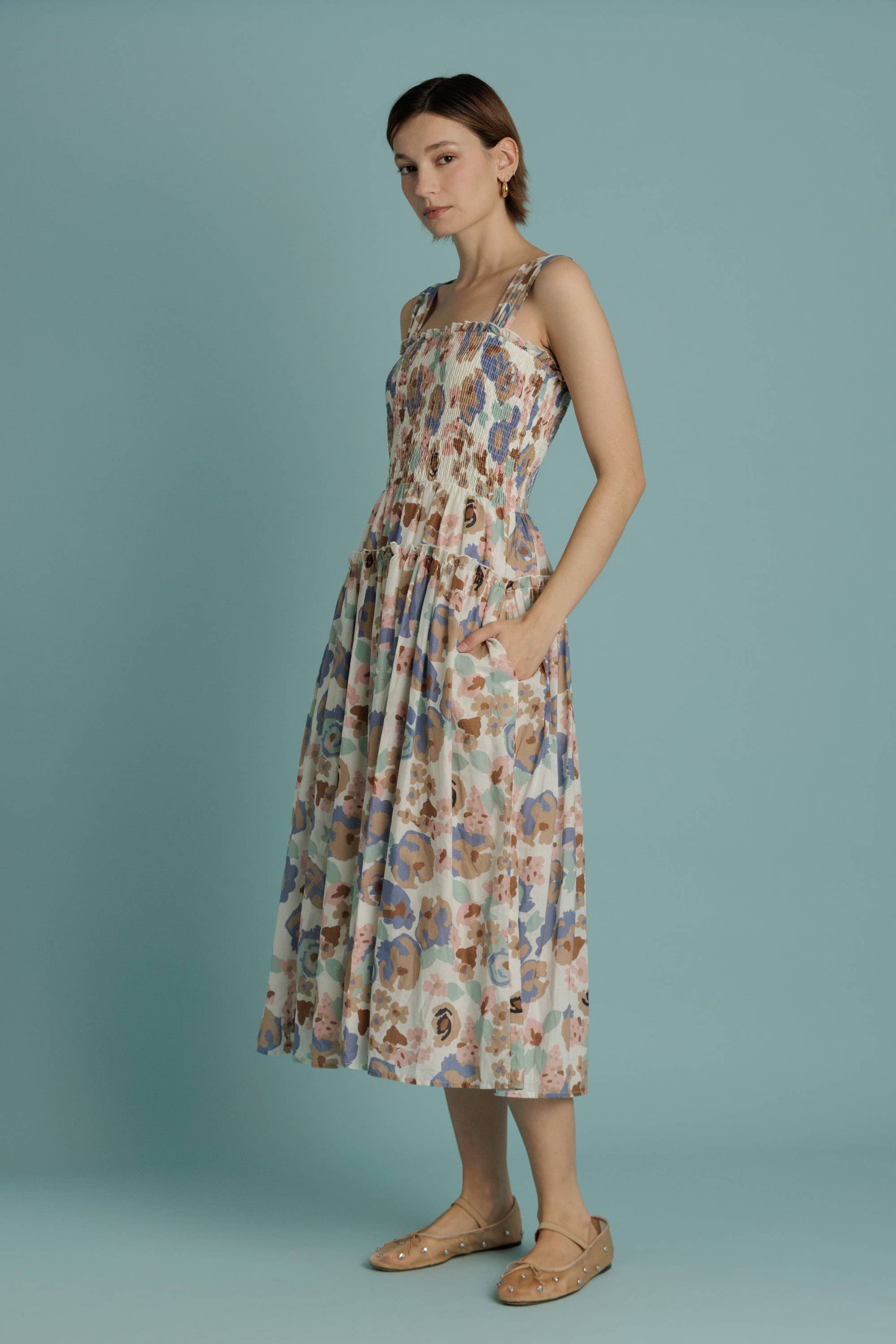 Floral Smocked Bodice Midi Dress with Pockets