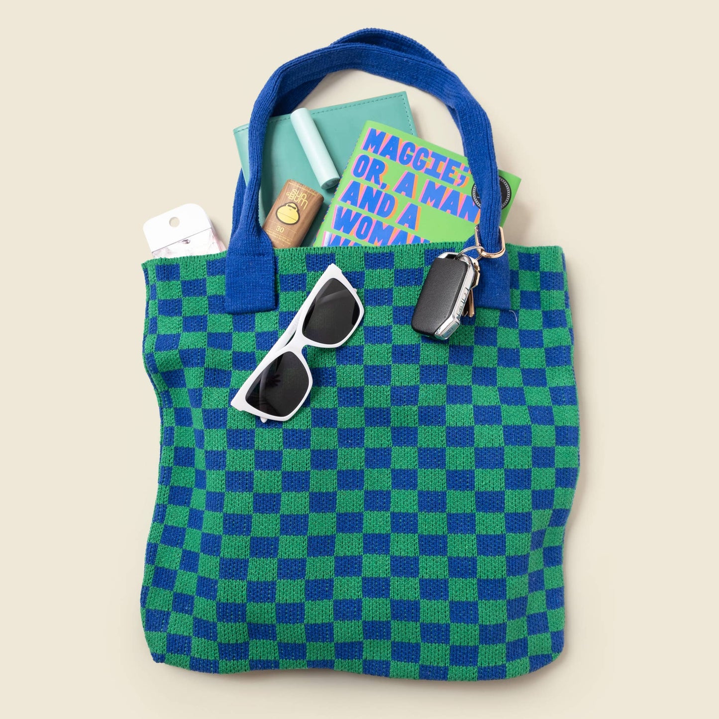 Blue and Green Checkered Tote Bag