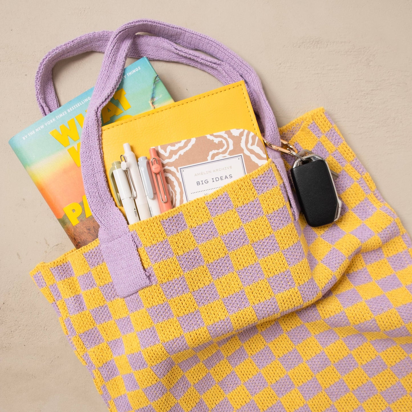 Yellow and Purple Checkered Tote Bag