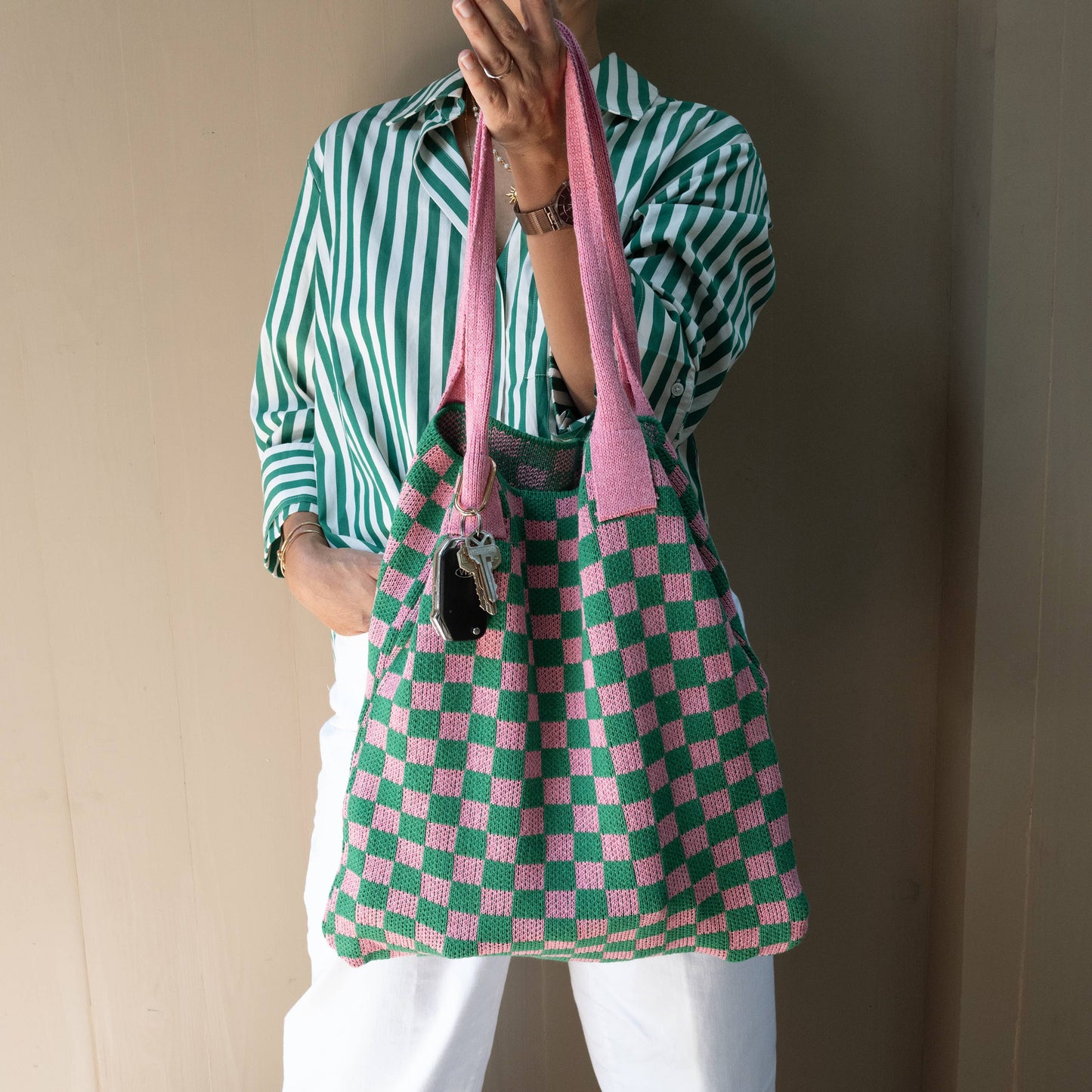 Pink and Green Checkered Everyday Tote Bag