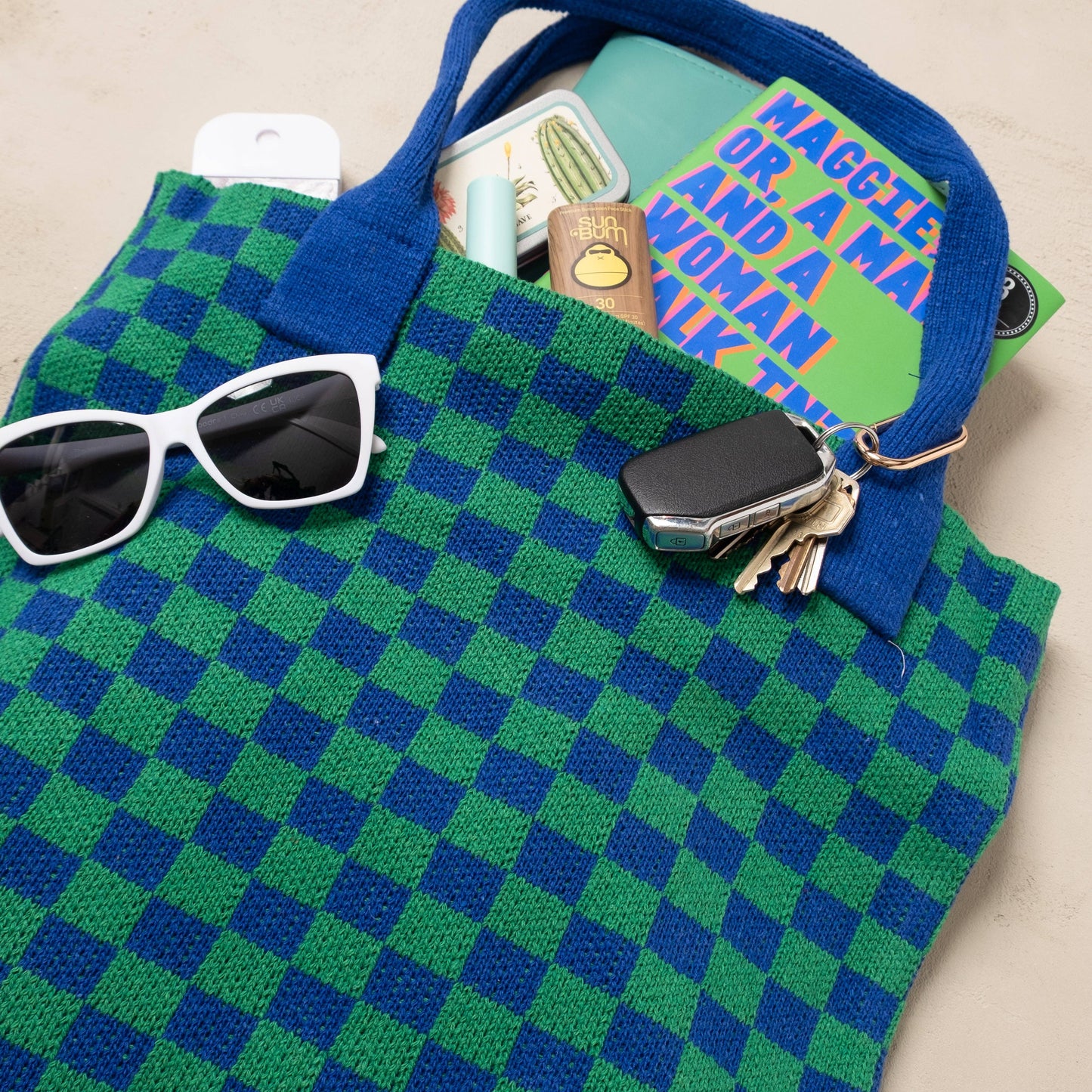 Blue and Green Checkered Tote Bag