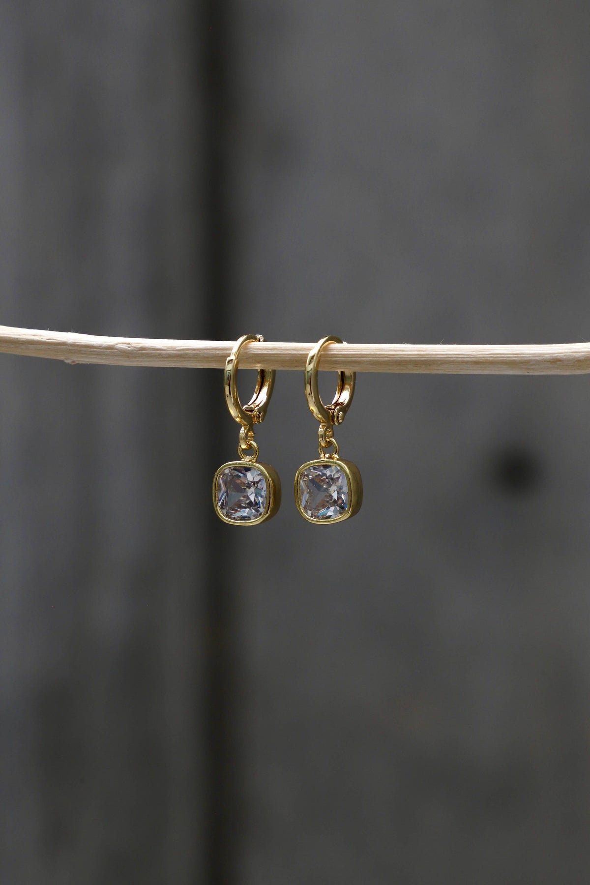 Gold Square Drop Earrings, Cubic Zirconia
