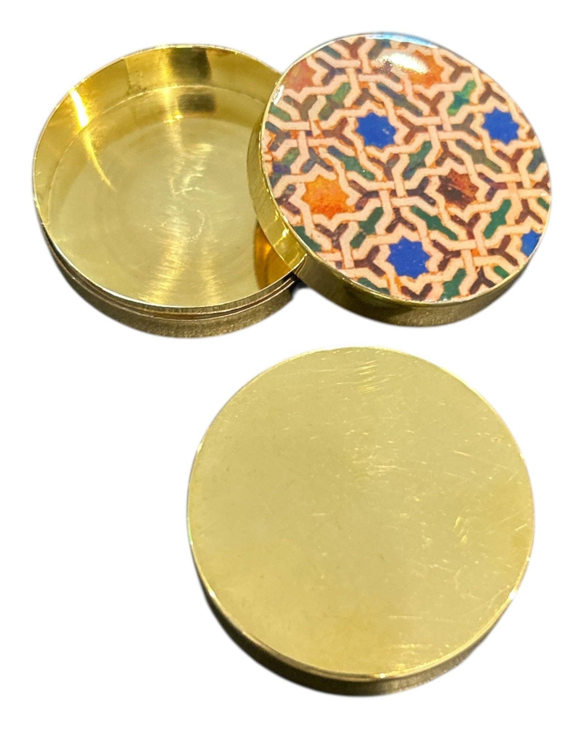 Round Brass Printed Trinket Box Ring Holder