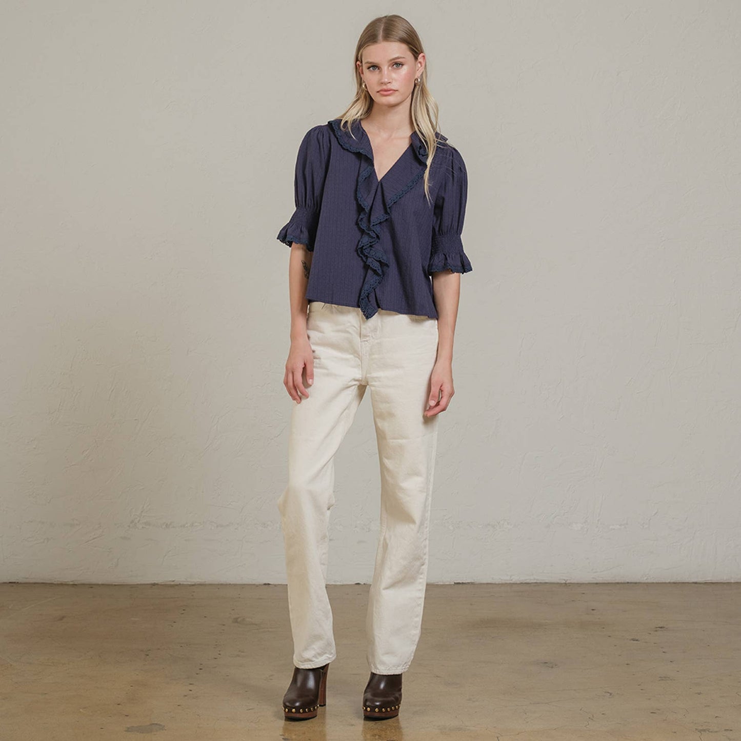 Ruffle Trim Lace Detail Blouse