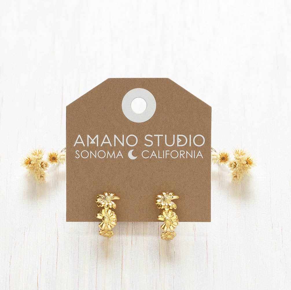 Daisy Flower Hoop Earrings, Gold Plated