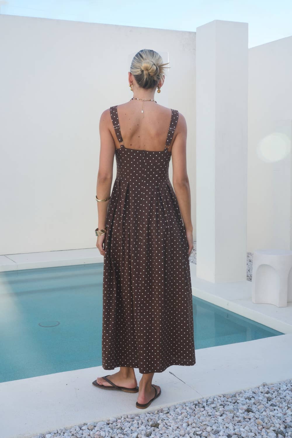 Brown Polka Dot Square Neck Dress