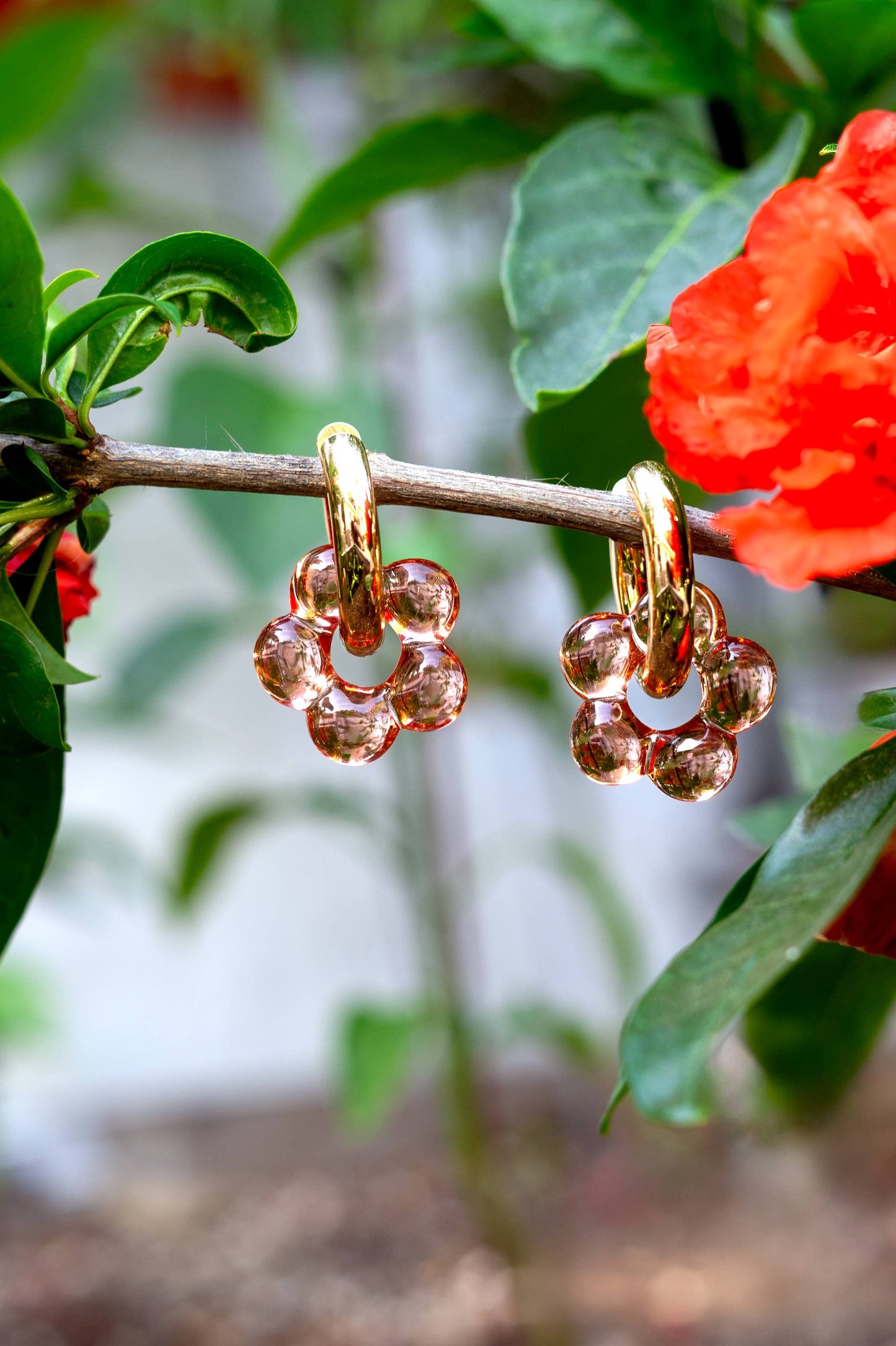 Pink Glass Flower Hoop Earrings