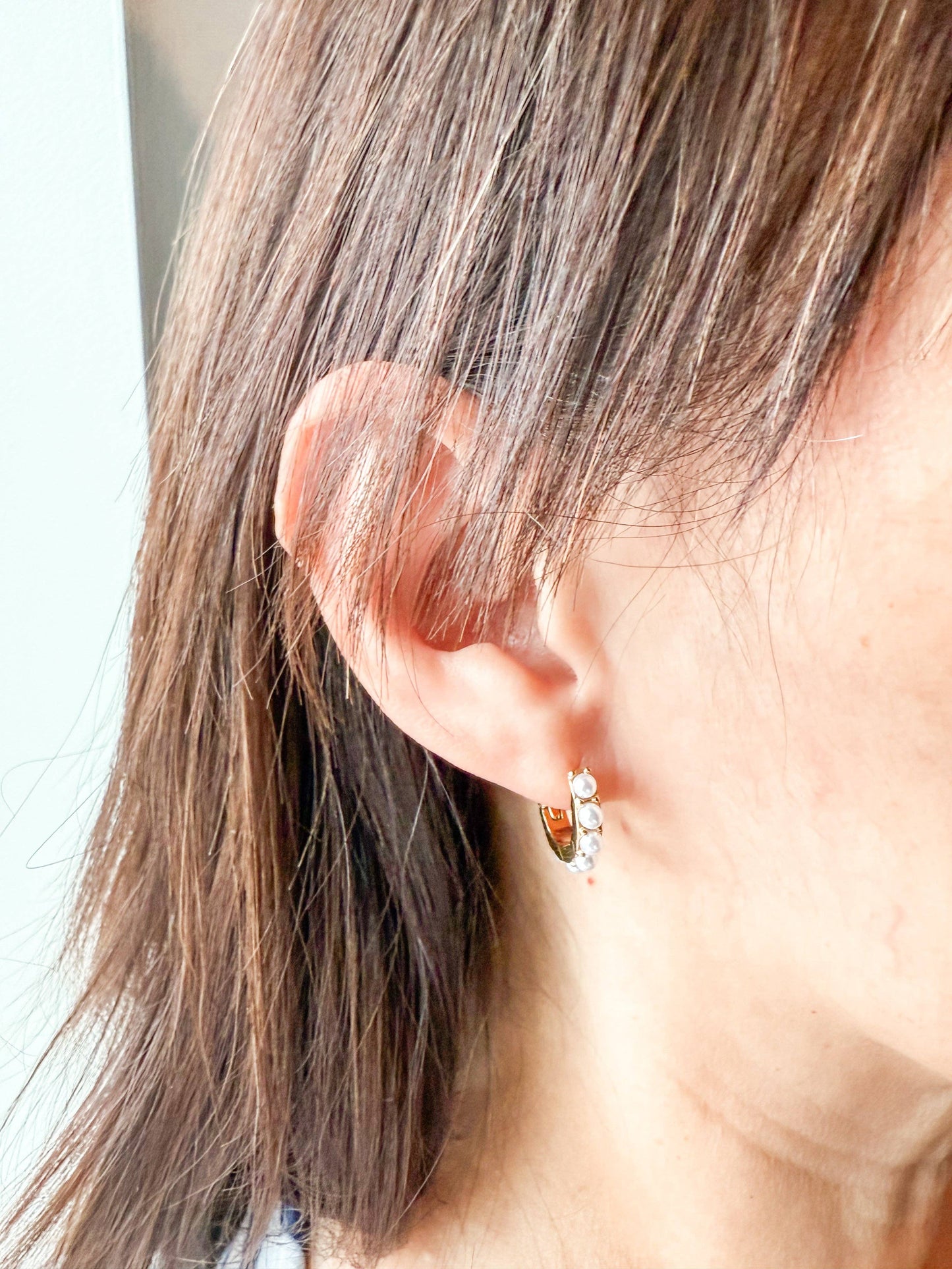Tiny Pearl Hoop Earrings Gold Plated Stainless Steel
