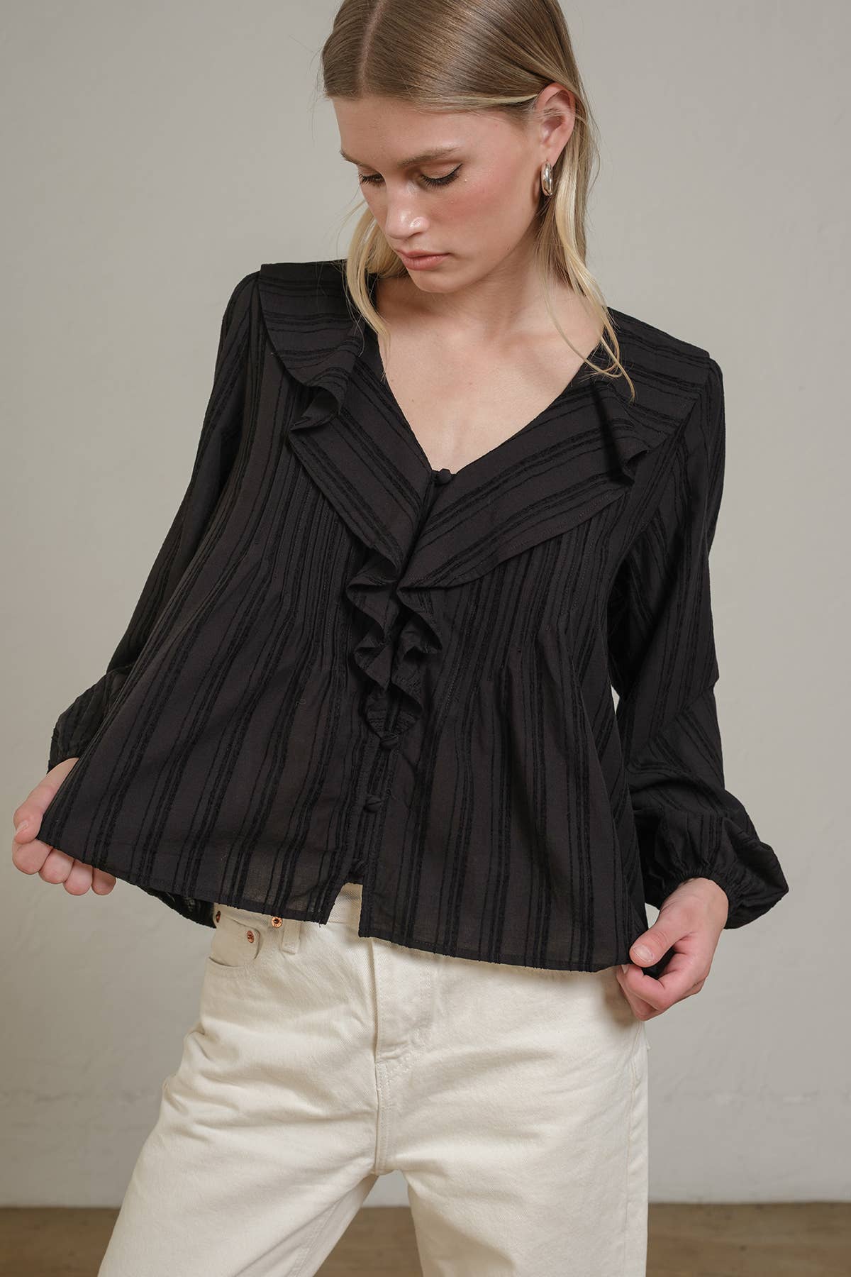 Ruffle Trim Striped Blouse