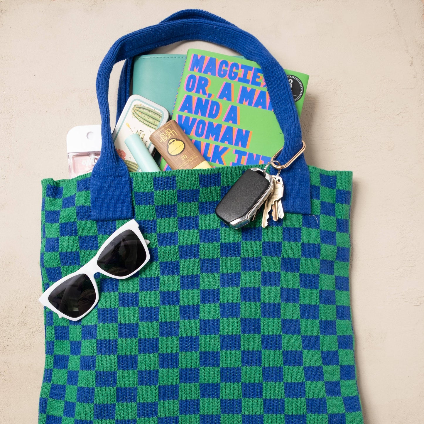 Blue and Green Checkered Tote Bag