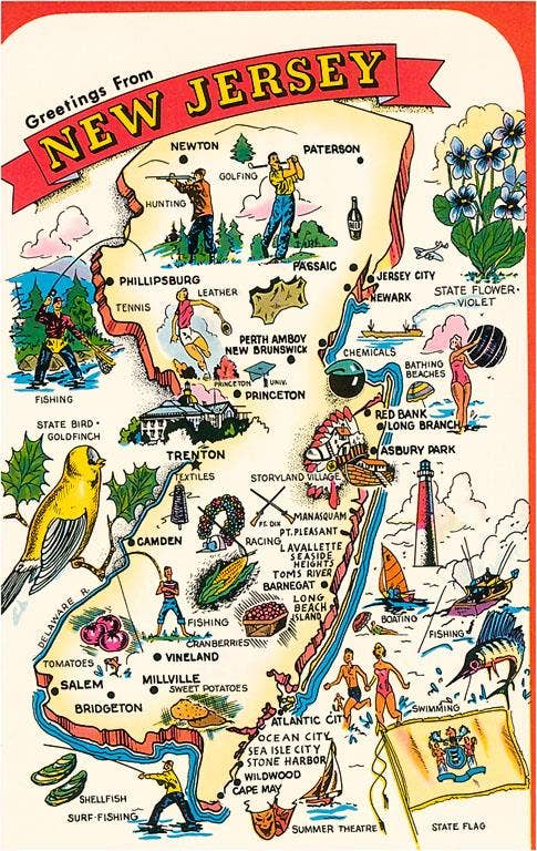 Map of New Jersey Attractions Vintage Postcard