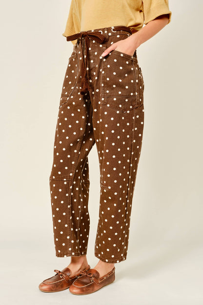 Polka Dot Barrel Leg Cotton Denim Pants