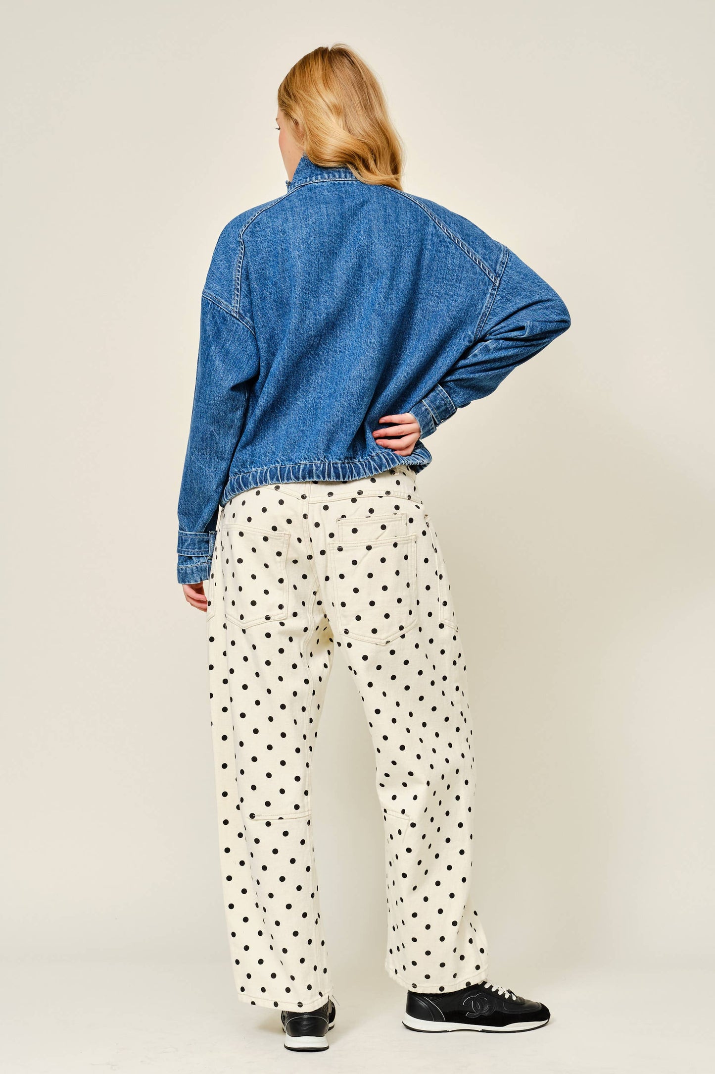 Polka Dot Barrel Leg Cotton Denim Pants