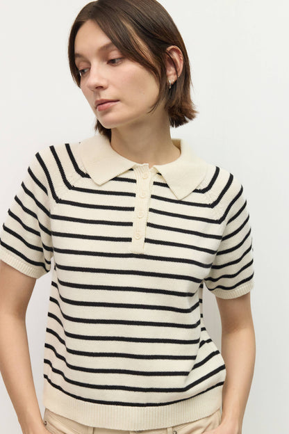 Ana Striped Raglan Collared Cotton Knit Top