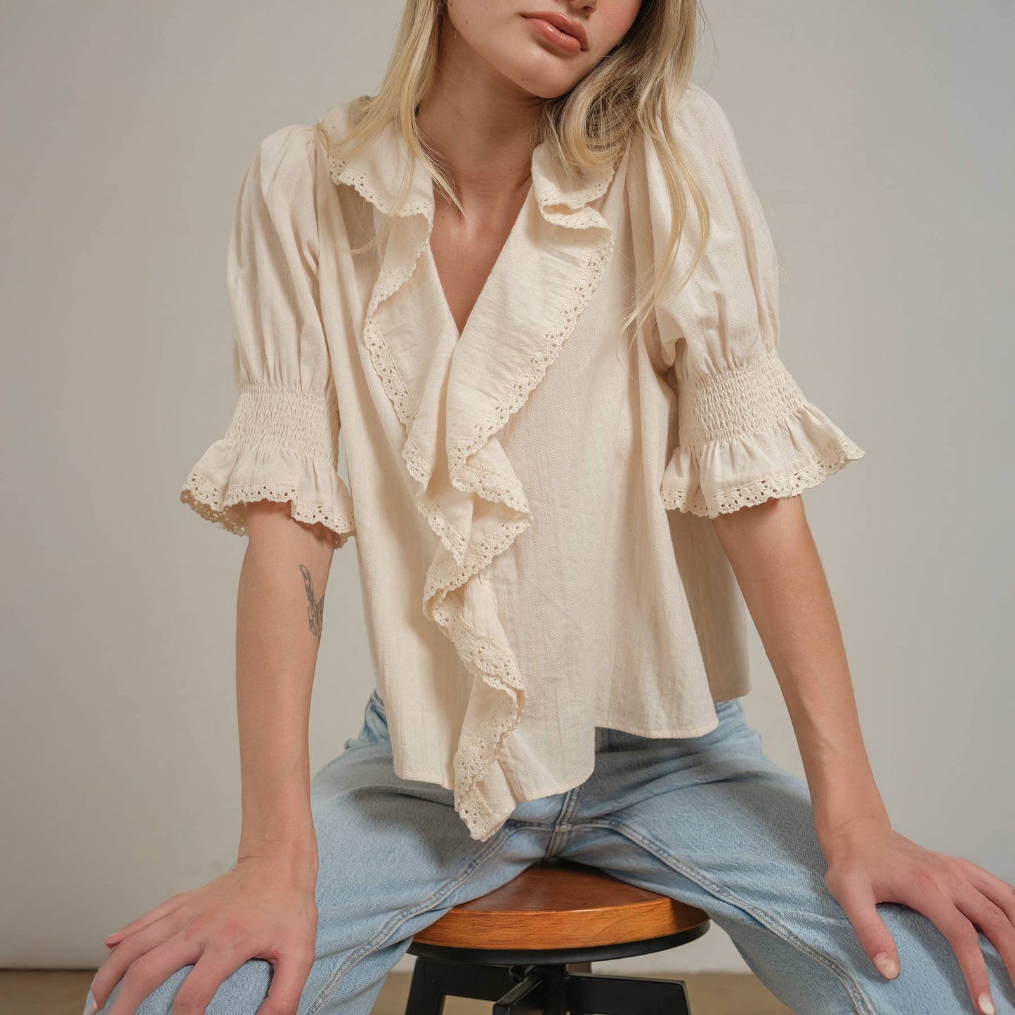 Ruffle Trim Lace Detail Blouse