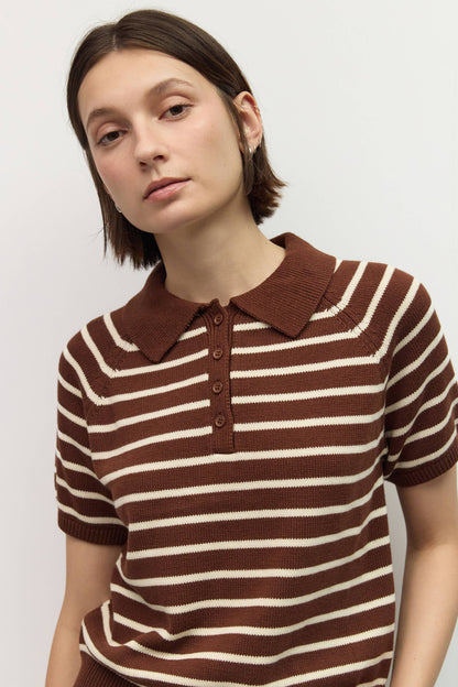 Ana Striped Raglan Collared Cotton Knit Top