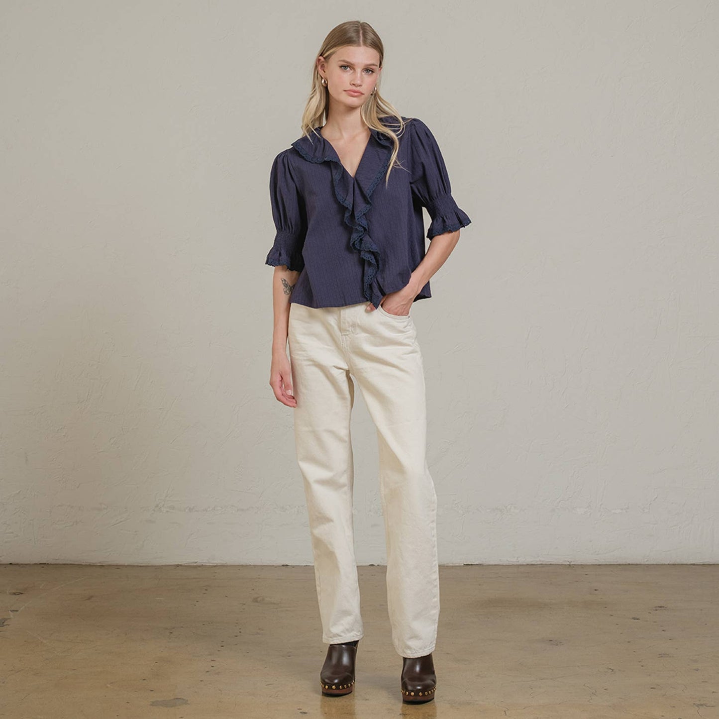 Ruffle Trim Lace Detail Blouse