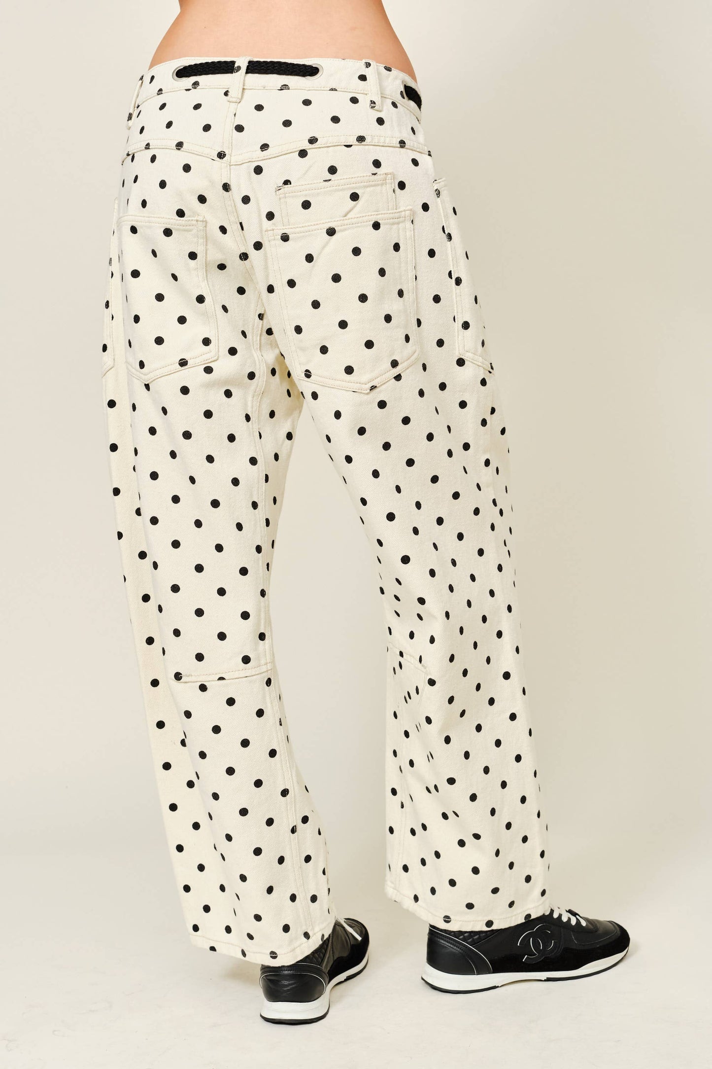 Polka Dot Barrel Leg Cotton Denim Pants