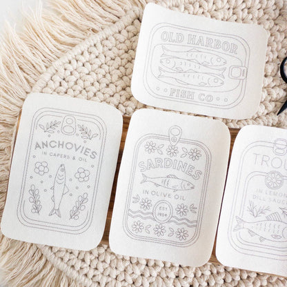Tinned Fish Stick and Stitch Embroidery Patterns