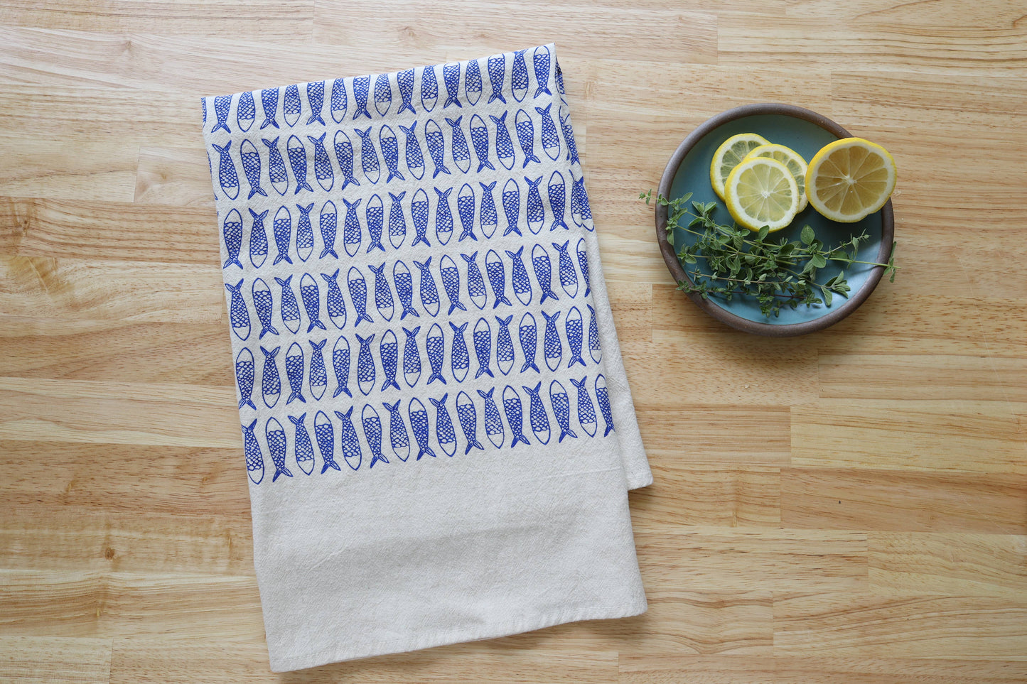 Fish, Handprinted Cotton Kitchen Towel