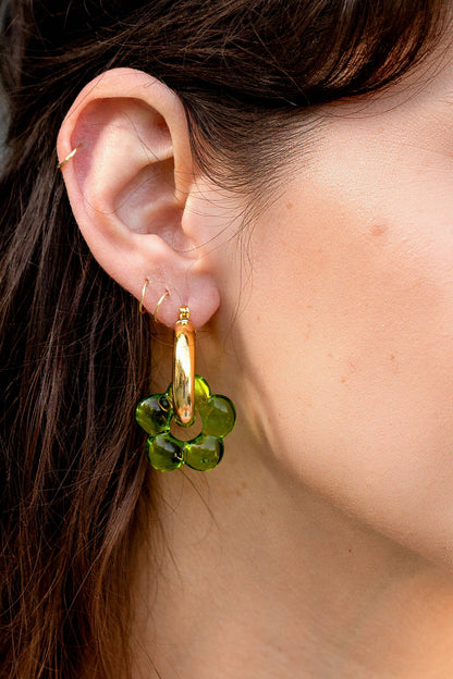 Green Glass Flower Hoop Earrings