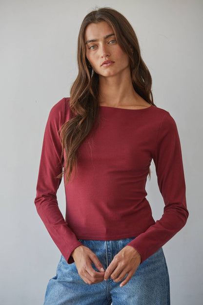 Cotton Spandex Boat Neck Long Sleeve Top