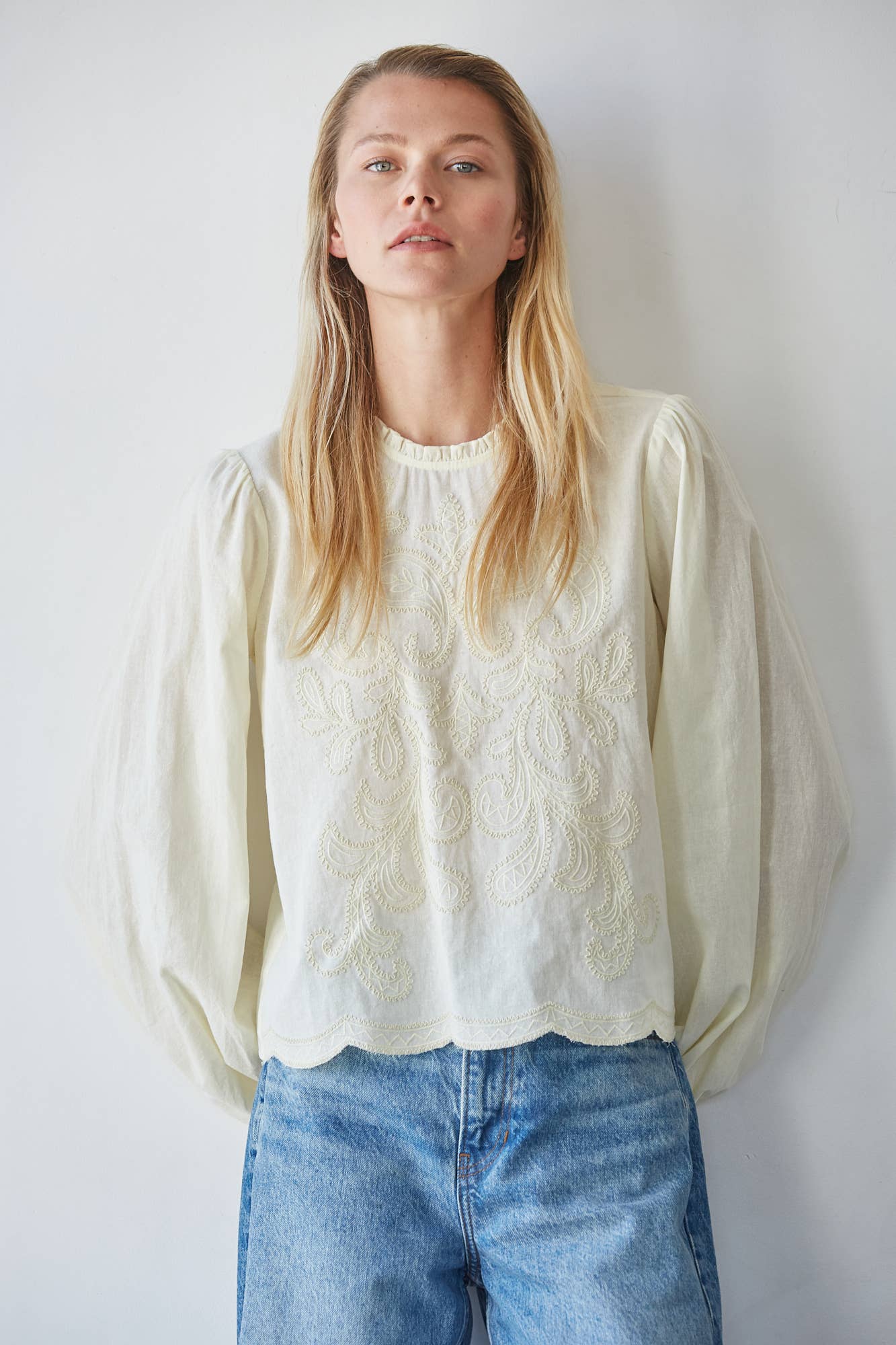Mock Ruffle Neck Embroidered Cotton Top