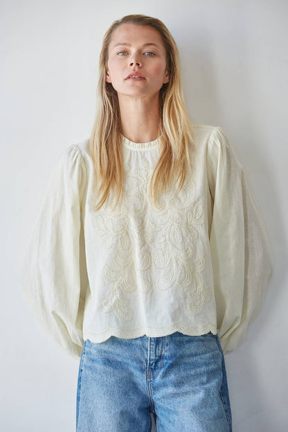 Mock Ruffle Neck Embroidered Cotton Top