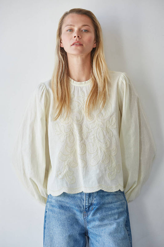 Mock Ruffle Neck Embroidered Cotton Top