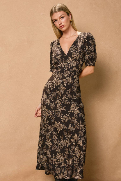 Paisley Floral Puff Sleeve Midi Dress