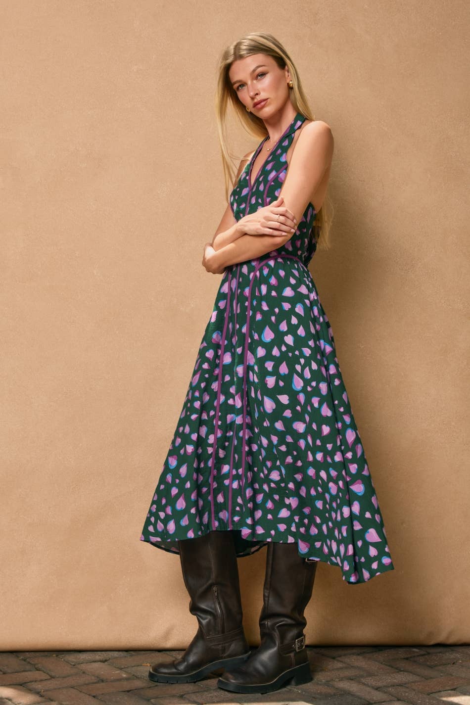 Evergreen Contrast Trim Halter Dress