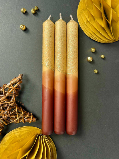 Caramel Dip Dye Taper Candle Trio Eco Glitter
