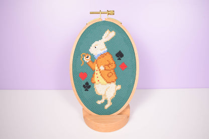 White Rabbit Cross Stitch Kit with Oval Hoop