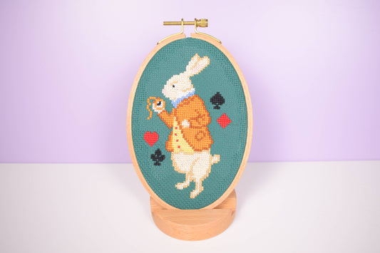 White Rabbit Cross Stitch Kit with Oval Hoop