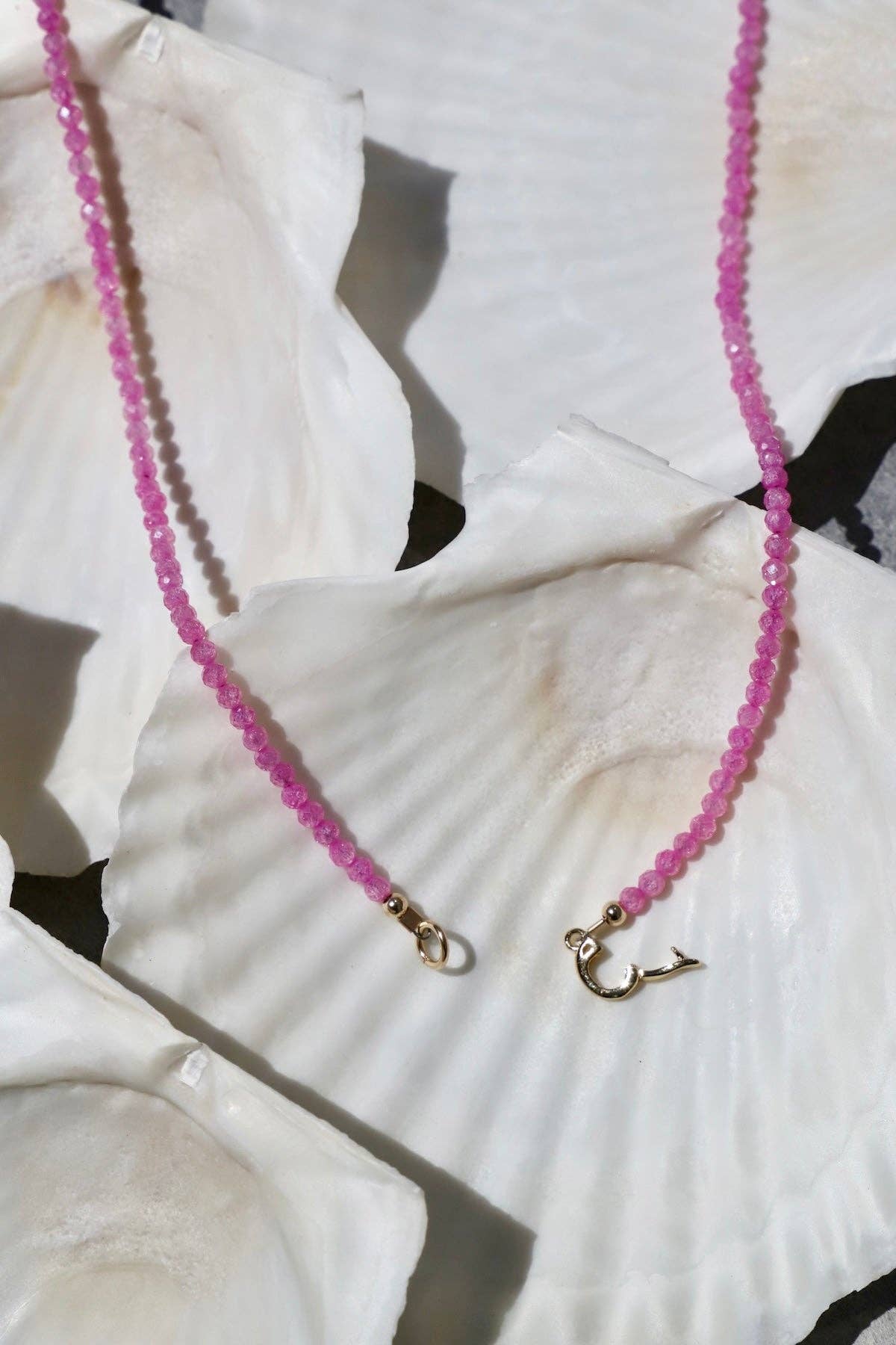 Pink Quartz Beaded Charm Necklace, Gold Clasp