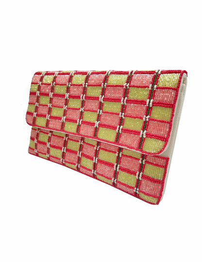 Hand-Beaded Pink Green Woven Clutch Bag
