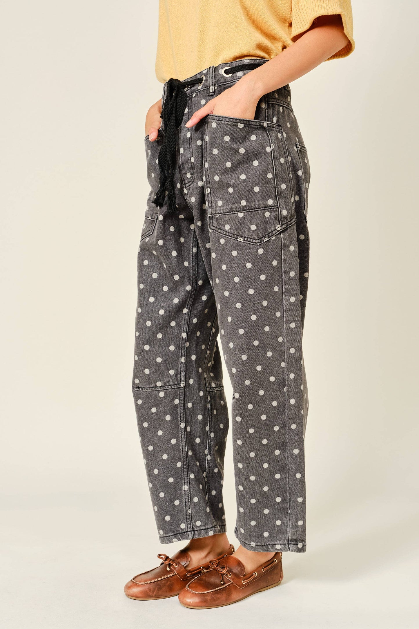 Polka Dot Barrel Leg Cotton Denim Pants