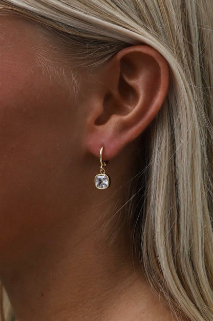 Gold Square Drop Earrings, Cubic Zirconia