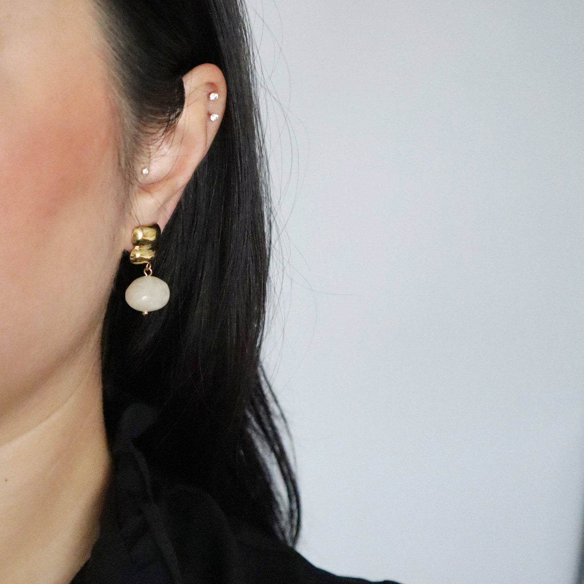 Elle White Stone Bead Drop Earrings Gold Plated