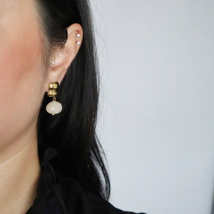 Elle White Stone Bead Drop Earrings Gold Plated