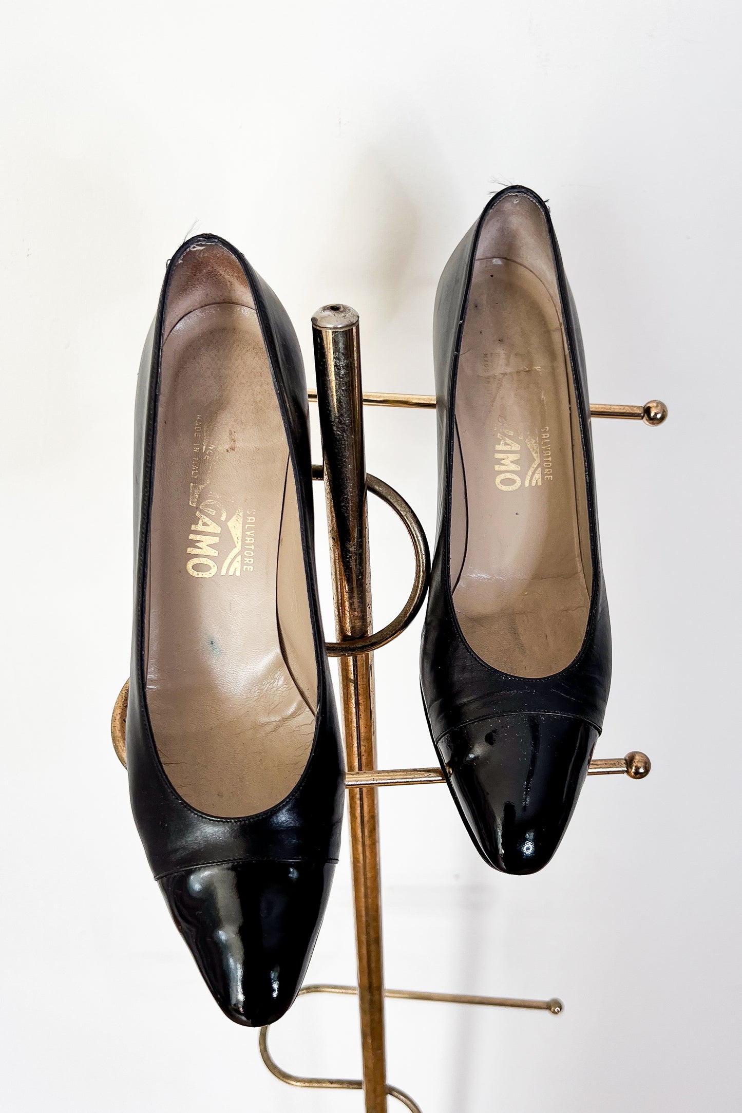 1980s Ferragamo Black Cap Toe Shoes / 7.5