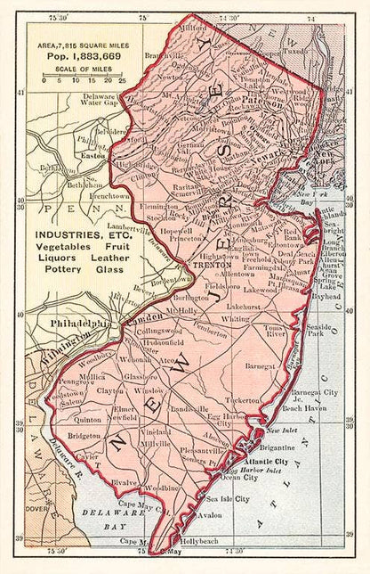 Vintage Map of New Jersey Art Print