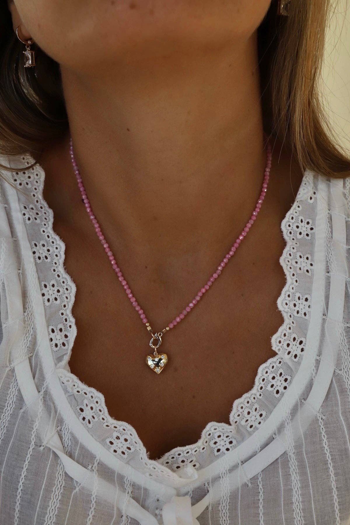 Pink Quartz Beaded Charm Necklace, Gold Clasp