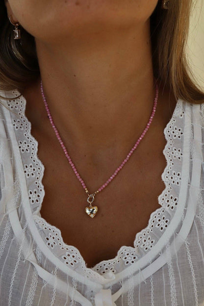 Pink Quartz Beaded Charm Necklace, Gold Clasp