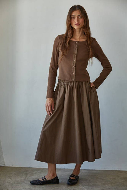 Cotton Flare Midi Skirt with Side Pockets